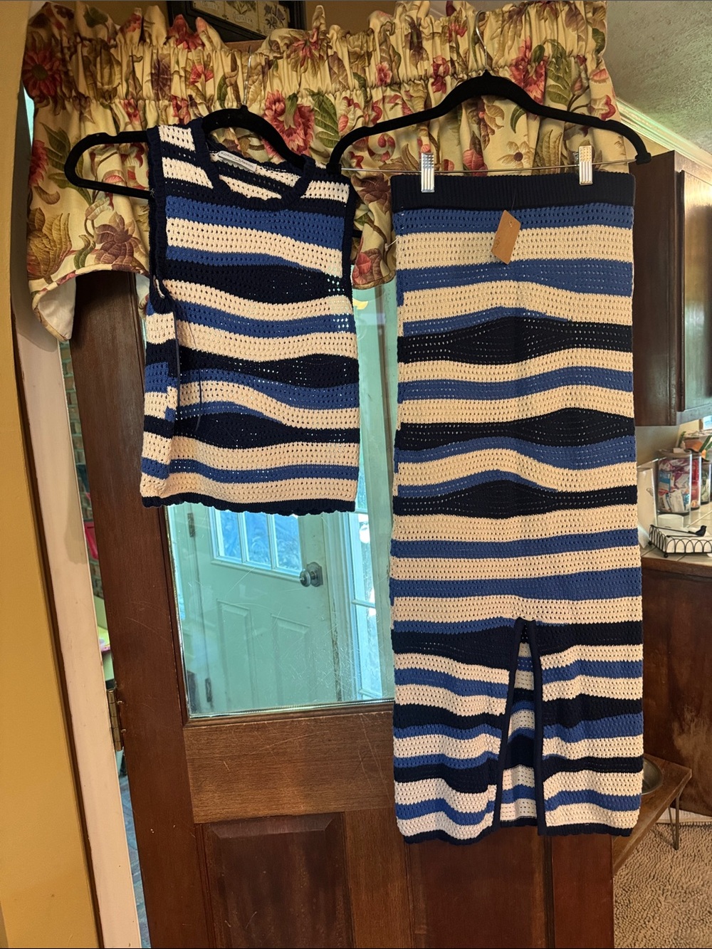 Striped Knit Two-Piece Skirt Set in Navy, Blue & Cream